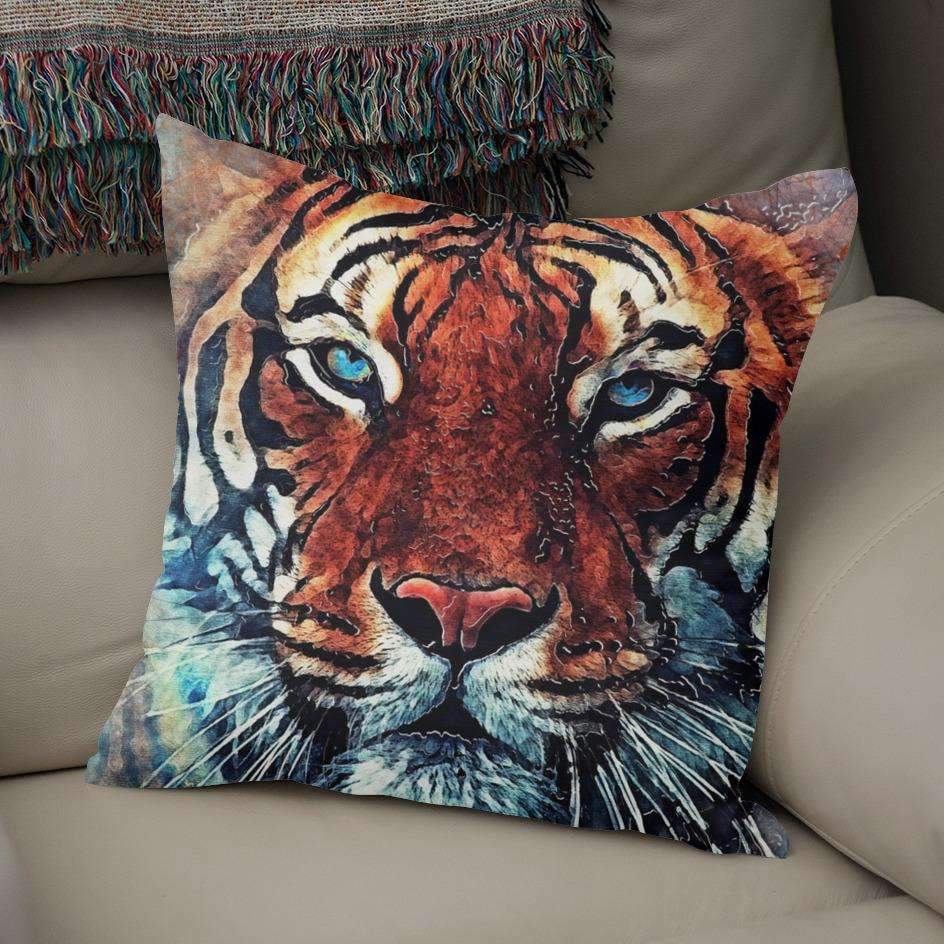 Scorpius Tiger Pillow featuring a vibrant tiger print on soft textile fabric, perfect for decorative or comfort use.