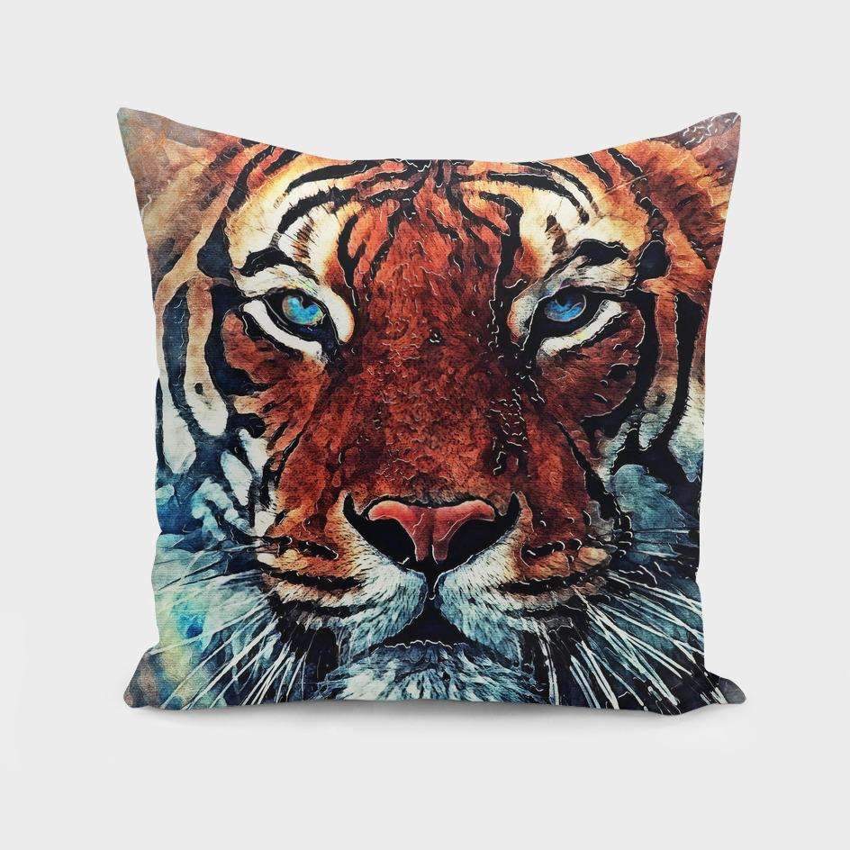 Scorpius Tiger Pillow with vibrant tiger print, soft textile cover, decorative cushion for living room or bedroom decor.