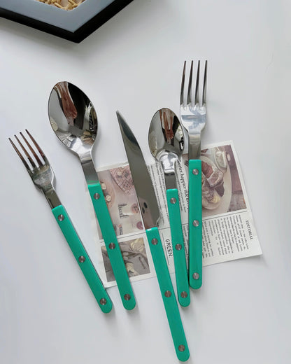 Set of 10 modern French Rivet Bistrot style flatware, elegant silverware with a contemporary design, ideal for home decor.