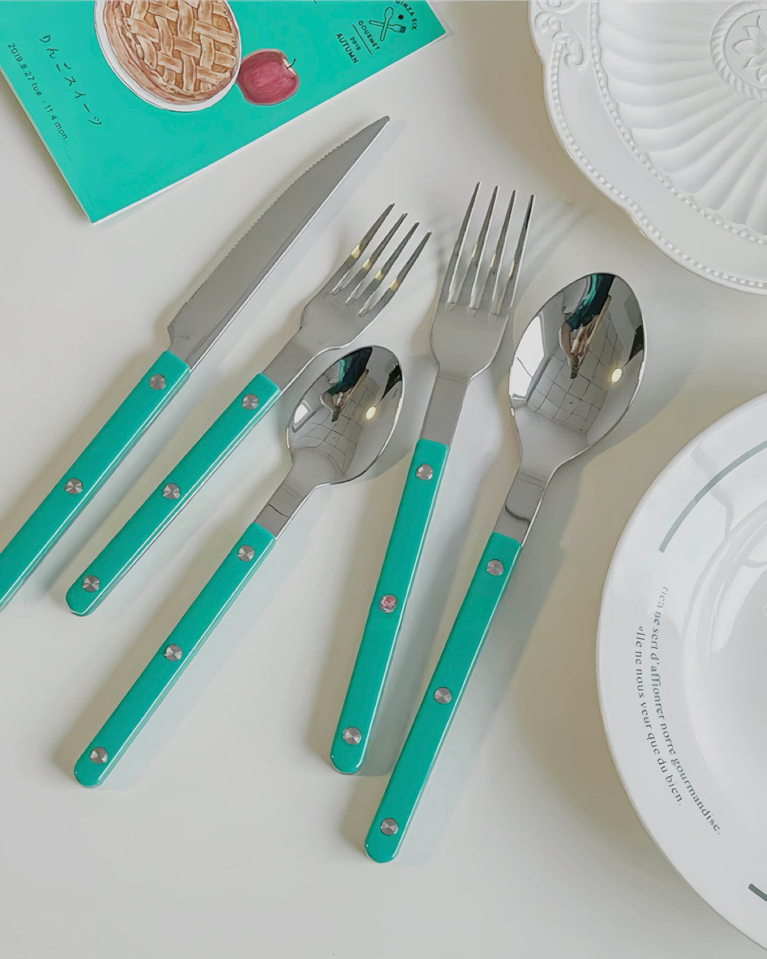 Set of 10 modern French rivet flatware in Bistrot style, elegant silverware with sleek design, perfect for home decor or dining.