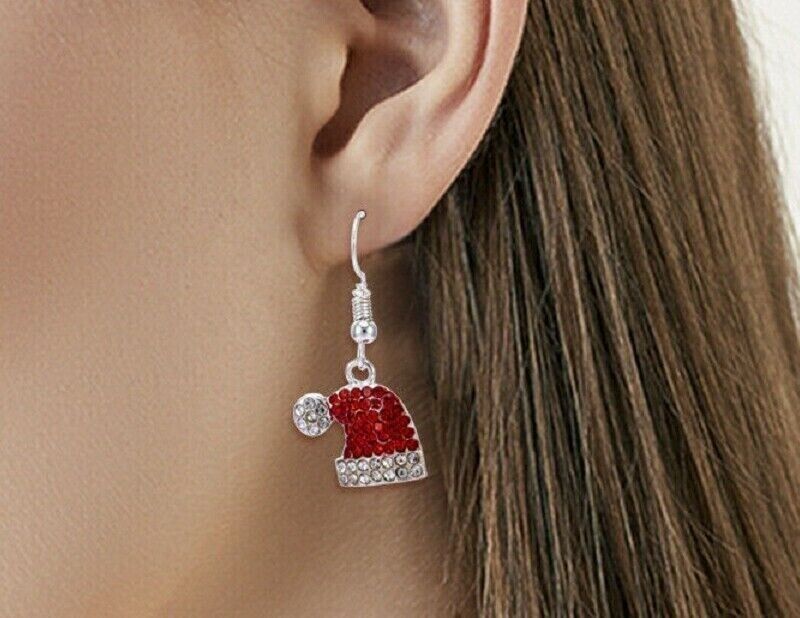 Peridot Christmas Santa hat earrings, festive jewelry featuring red and white Santa hat design in pierced earrings style