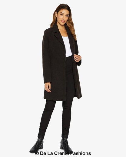 Black Sara Covert Button-Up Coat by Rose Eleusis, stylish jacket with front buttons and a tailored fit.