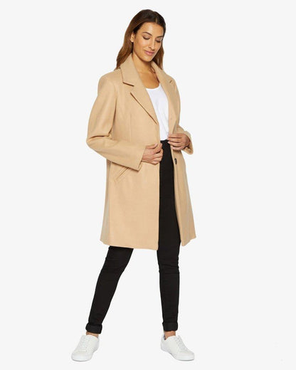 Rose Eleusis Sara Covert Button Up Coat in camel, stylish jacket with button details, perfect for cool weather.