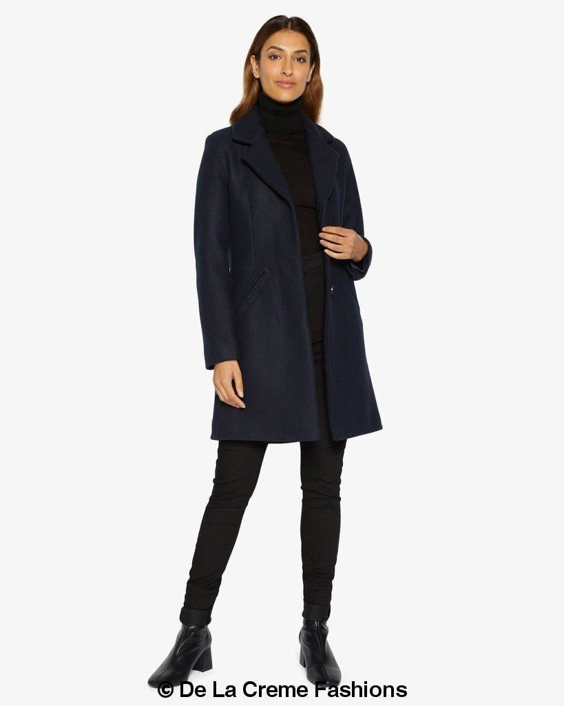 Navy Sara Covert Button-Up Coat by Rose Eleusis, stylish jacket with buttons, tailored fit, worn open or closed.
