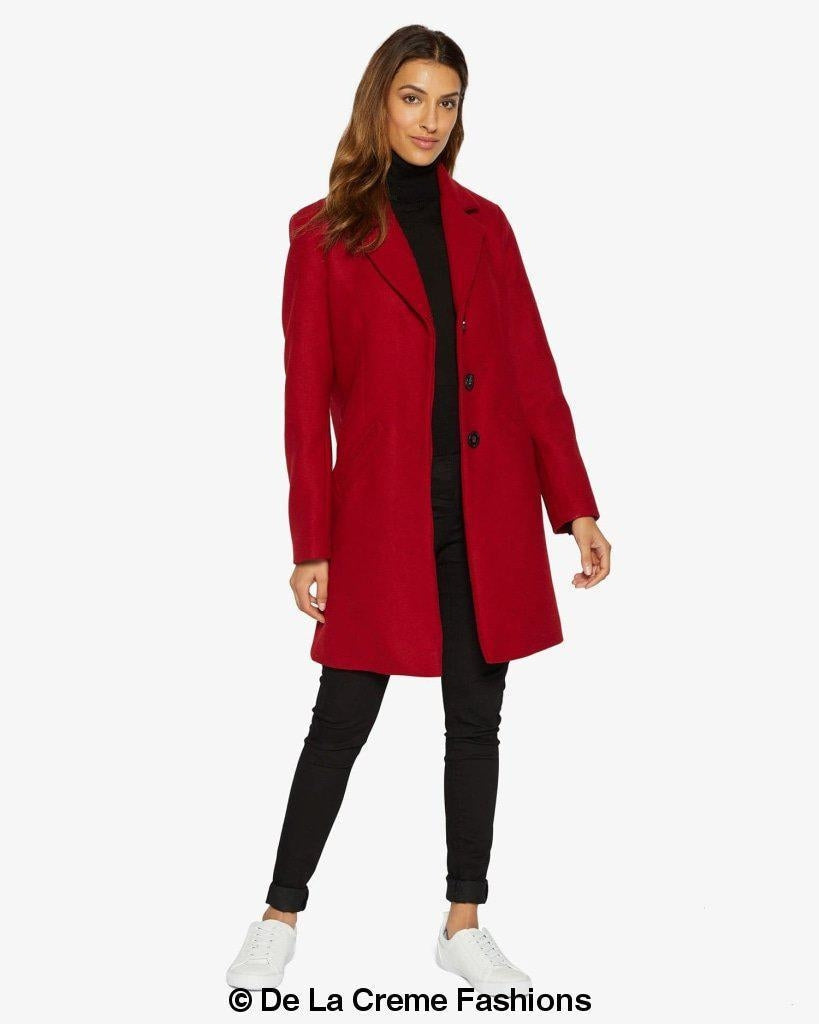 Red Sara Covert Button Up Coat by Rose Eleusis, stylish jacket with button details, perfect for cool weather.