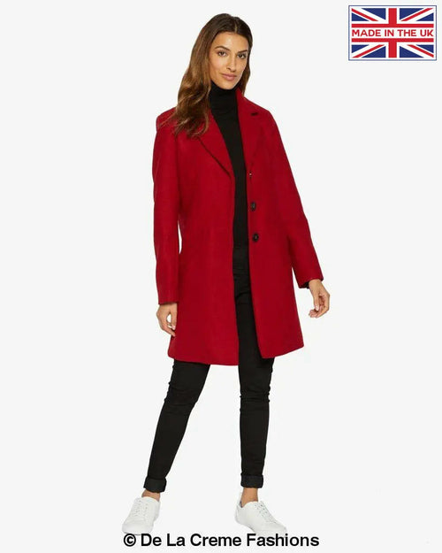 Red Sara Covert Button Up Coat by Rose Eleusis, stylish jacket with button details, suitable for cool weather.