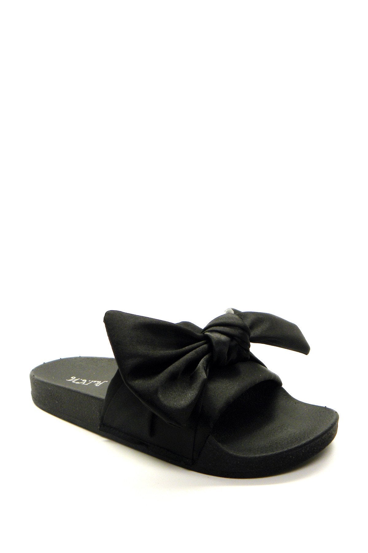Black satin pool slippers by Azure Ophion, stylish footwear with a smooth satin finish for elegant comfort.