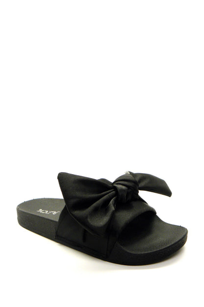Black satin pool slippers by Azure Ophion, stylish footwear with a smooth satin finish for elegant comfort.
