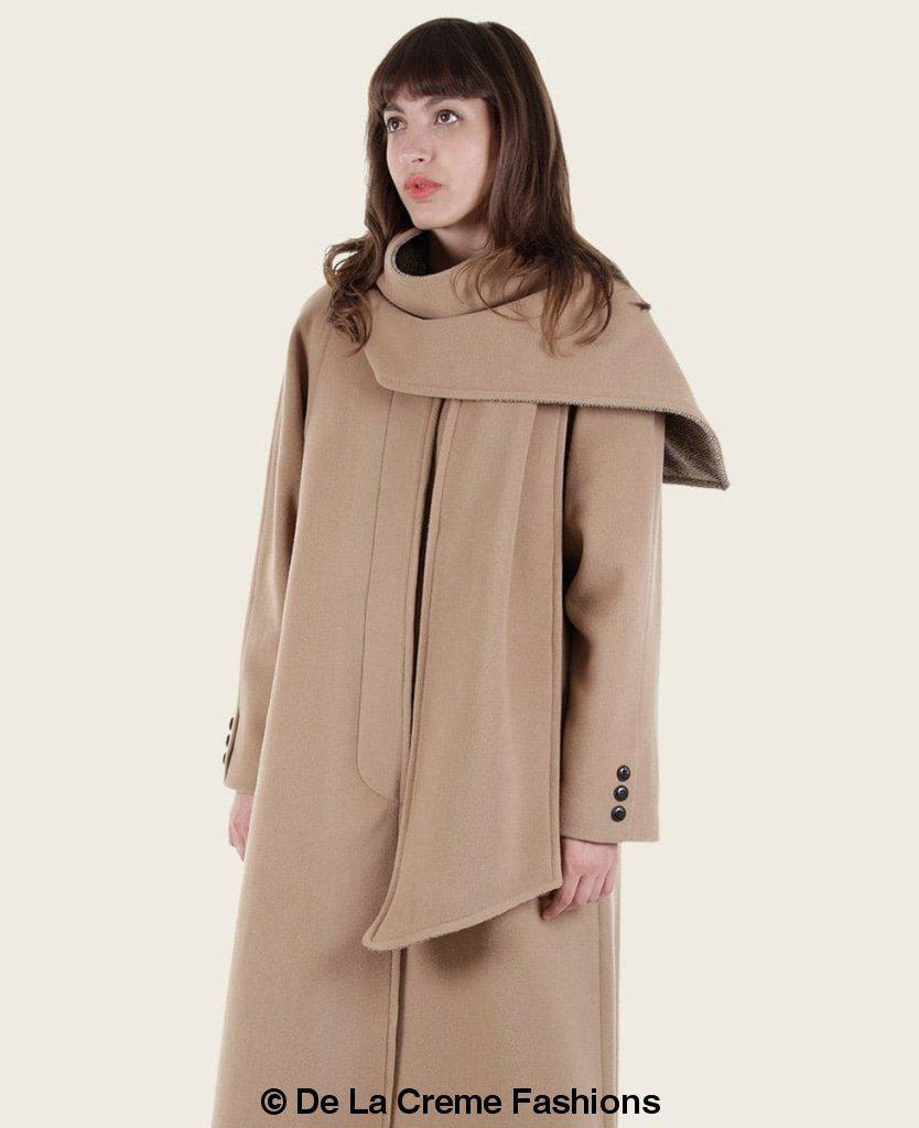 Rose Eleusis Scarpa wool and cashmere overcoat with integrated scarf detail, stylish and warm jacket for cold weather.