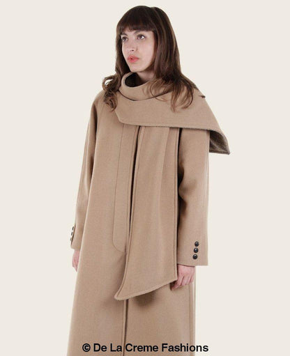 Rose Eleusis Scarpa wool and cashmere overcoat with integrated scarf detail, stylish and warm jacket for cold weather.