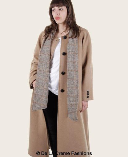 Rose Eleusis SCARPIA wool and cashmere overcoat with integrated scarf detail, stylish and warm outerwear for cold weather.