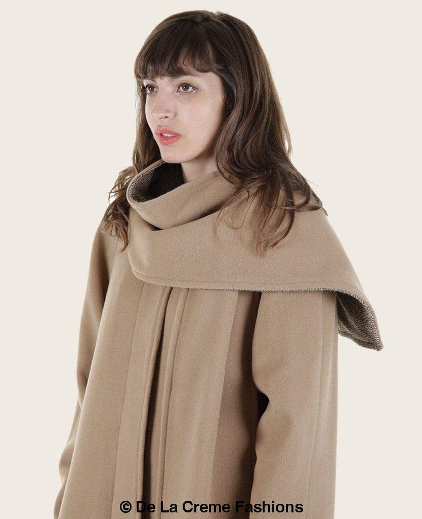 Rose Eleusis SCARPIA wool and cashmere overcoat with integrated scarf detail, stylish and cozy outerwear for cold weather.