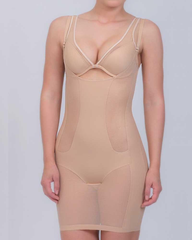 Seamless beige control slip shapewear by Lime Lucy featuring open bust design for smoothing and shaping under clothing.