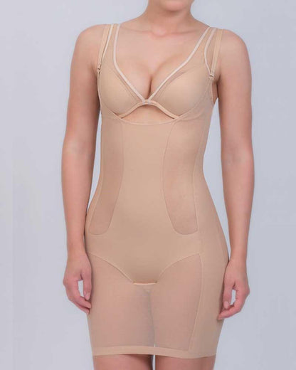 Seamless beige control slip shapewear by Lime Lucy featuring open bust design for smoothing and shaping under clothing.