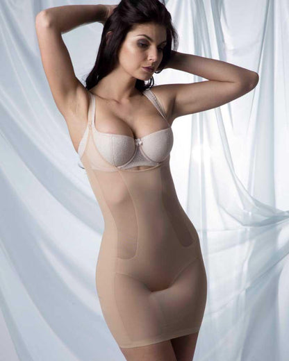 Beige Rosme seamless control slip by Lime Lucy, open-bust shapewear for slimming and smooth silhouette under lingerie.