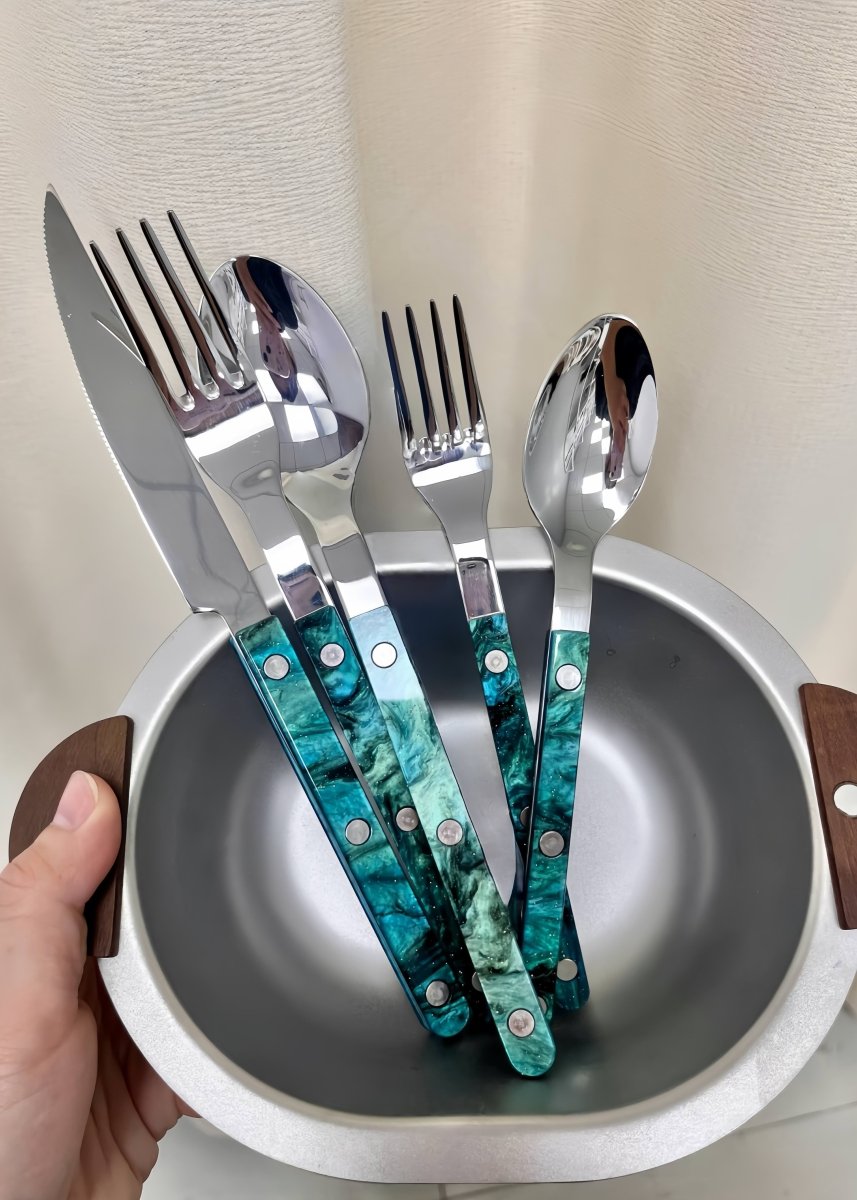 Set of 10 modern elegant Terra flatware Bistrot style silverware by Inspecial Home, showcasing sleek, contemporary cutlery design.