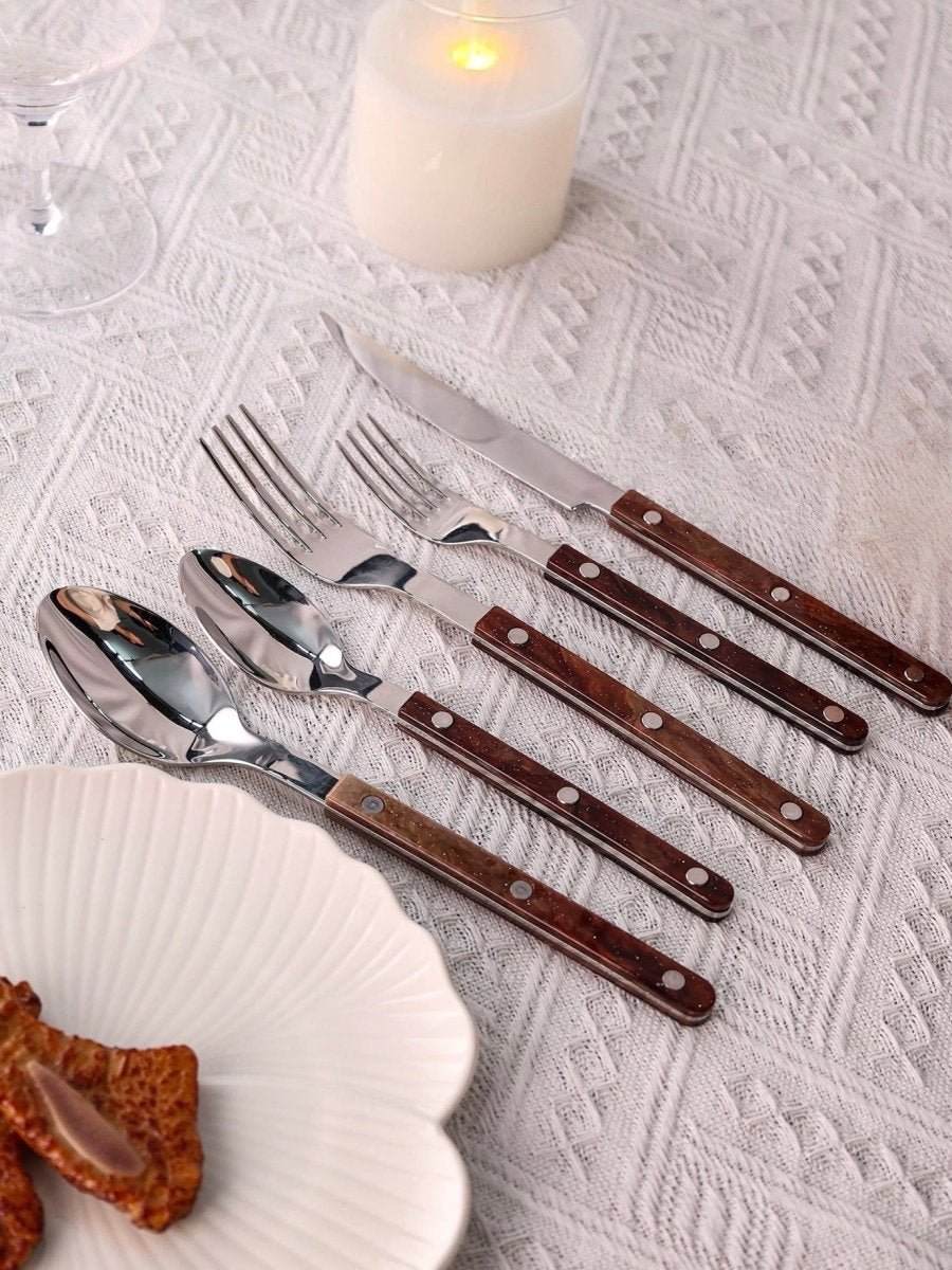 Set of 10 modern nebula bistrot style flatware with rivet details, stylish home decor cutlery set by Inspecial Home.