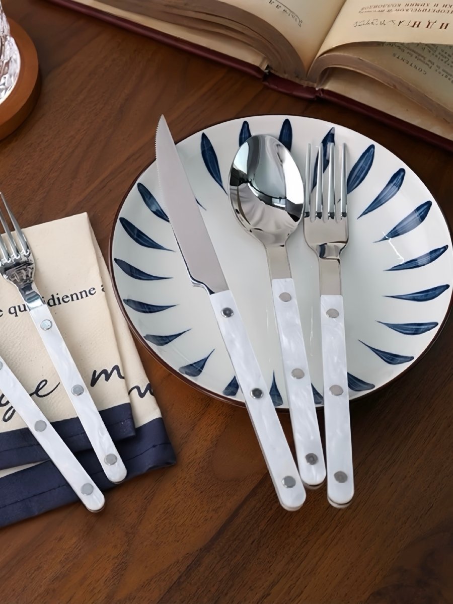 Set of 10 modern Nebula Bistrot style rivet flatware cutlery set by Inspecial Home for home decor or dining.