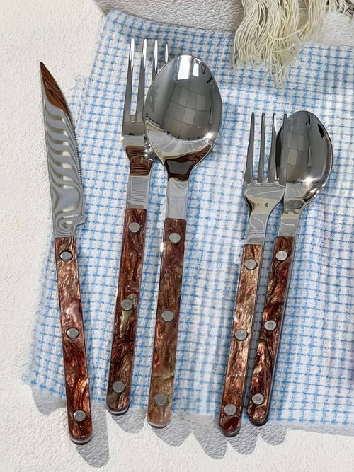 Set of 10 modern nebula cutlery in bistrot style with rivet detailing, stylish flatware set for home dining by Inspecial Home