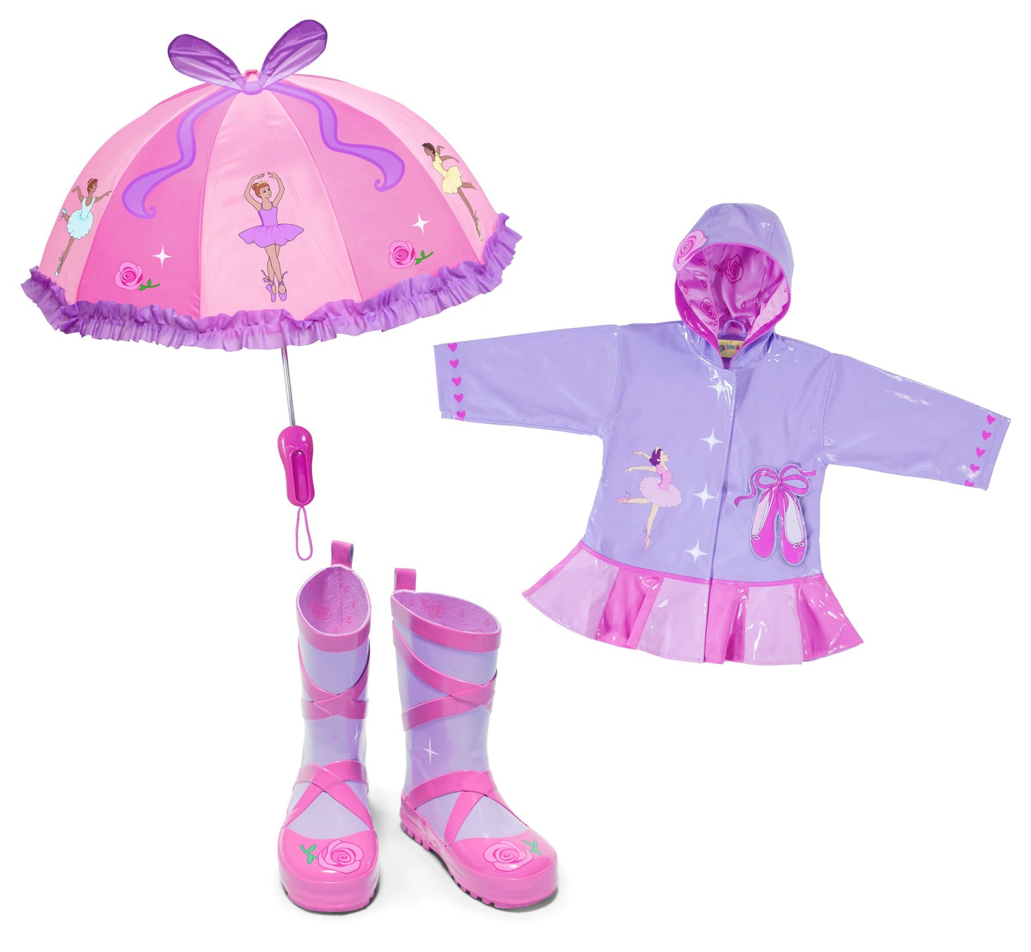 Kids and babies Magenta Ash ballerina rainwear set with pink raincoat and matching umbrella, suitable for rainy days.