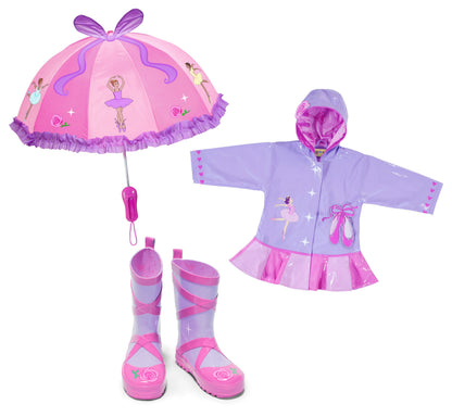 Kids and babies Magenta Ash ballerina rainwear set with pink raincoat and matching umbrella, suitable for rainy days.