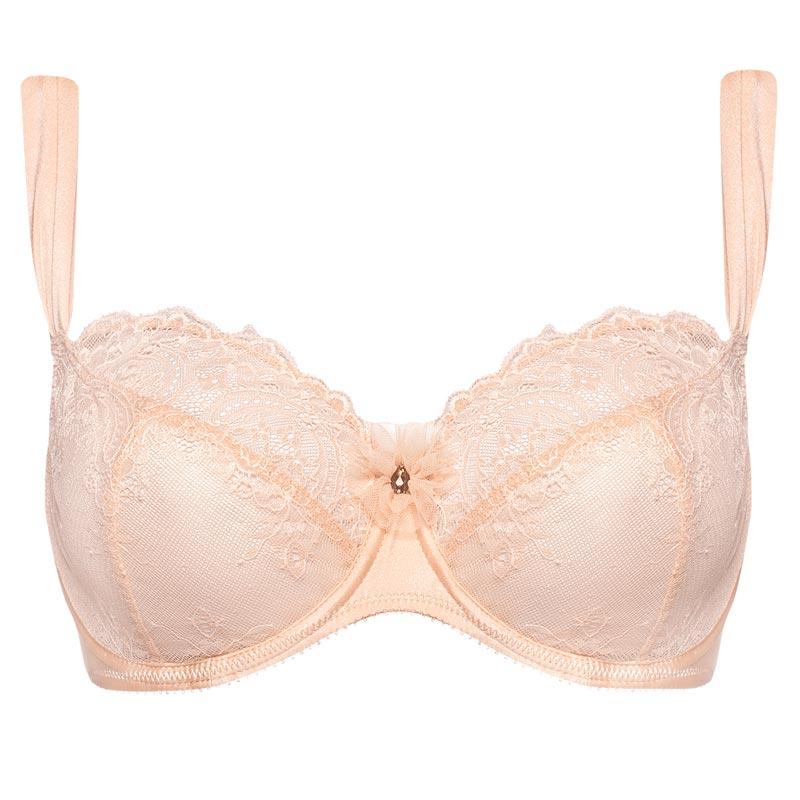 Lime Lucy Ajour Mathieu 3-part cup sheer lace bra in beige, full-figure lingerie with delicate lace detailing.