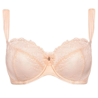 Lime Lucy Ajour Mathieu 3-part cup sheer lace bra in beige, full-figure lingerie with delicate lace detailing.