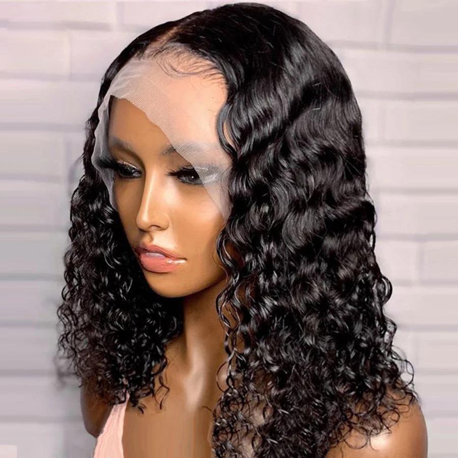 Cerise Alfie 180% density Jerry Curl 4x4 lace front short bob human hair wig with water wave curls, 13x4 lace front.