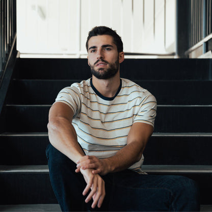 Yellow Florence Edgar Striped Tee for men, short-sleeve casual shirt with navy and white stripes.