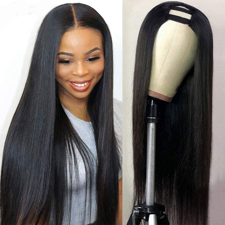 Side view of Cerise Alfie Brazilian U Part Wig with straight, natural-colored human hair for black women, styled with a side part.