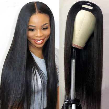 Side view of Cerise Alfie Brazilian U Part Wig with straight, natural-colored human hair for black women, styled with a side part.