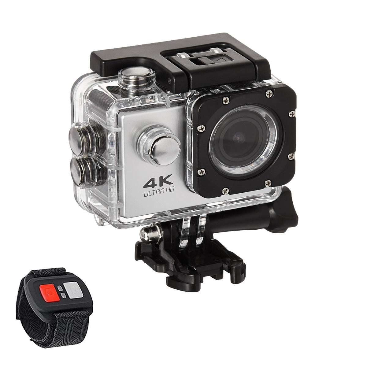 Silver Salmon Lucky 4K waterproof digital UHD WiFi camera with RF remote and accessories, showcasing sleek tech design