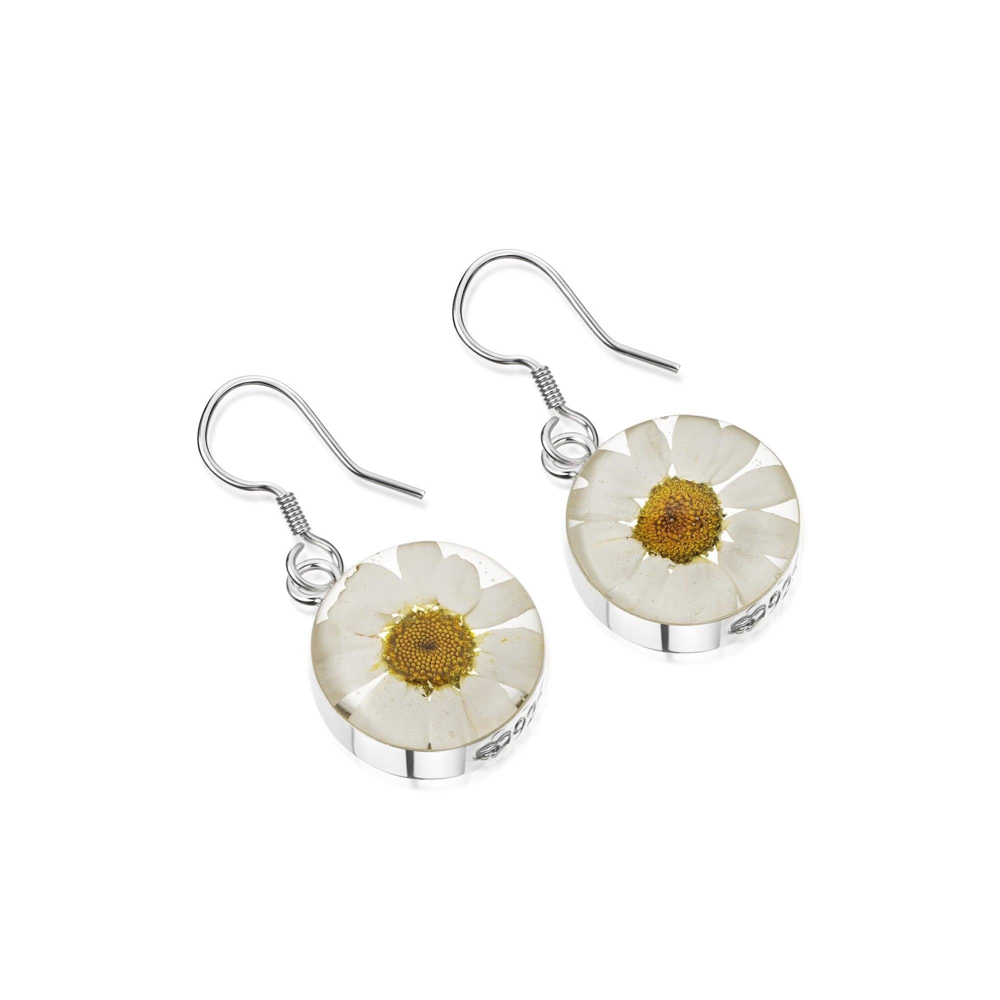 Silver Daisy Earrings by Blue Pandora featuring white flower drop design, perfect for jewelry and accessories.