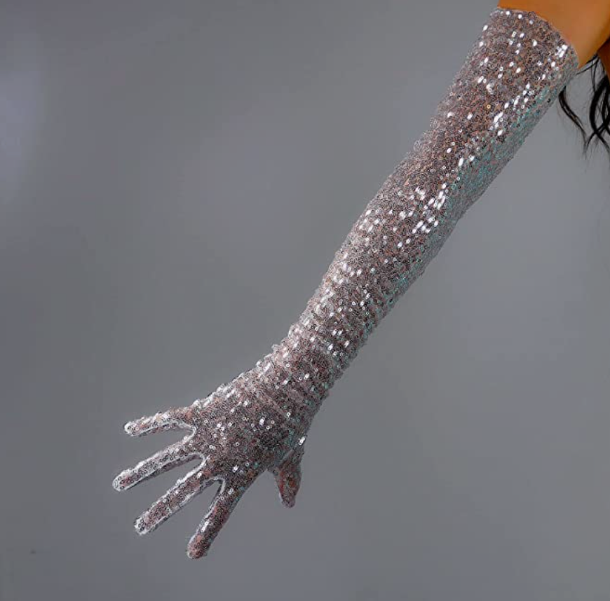 Silver sequin gloves for women by Erin Theia, stylish and sparkling accessories with a fitted design.