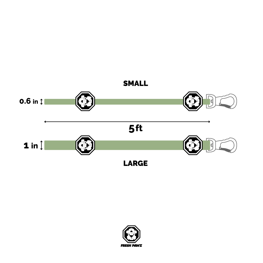 Size chart for Almandine Kilo Cuban Link pet leash, showing different length options for dogs and cats.