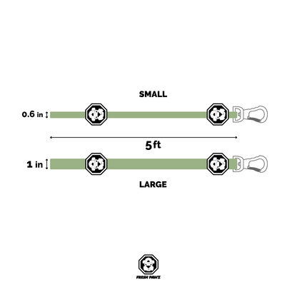 Size chart for Almandine Kilo Cuban Link pet leash, showing different length options for dogs and cats.