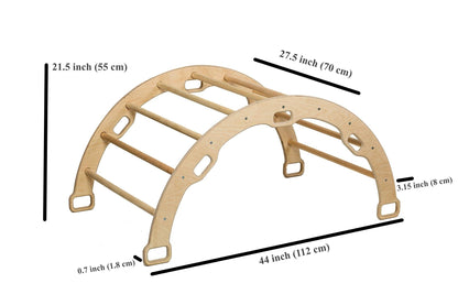 Wooden climbing arch rocker with ramps for children, made by Red Oceanus, showcasing smooth, natural wood finish and playful design.