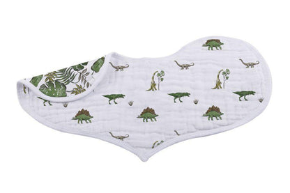 Lavender Charlie Dino Days cotton burp cloth and bib set for babies, featuring colorful dinosaur prints on soft fabric.