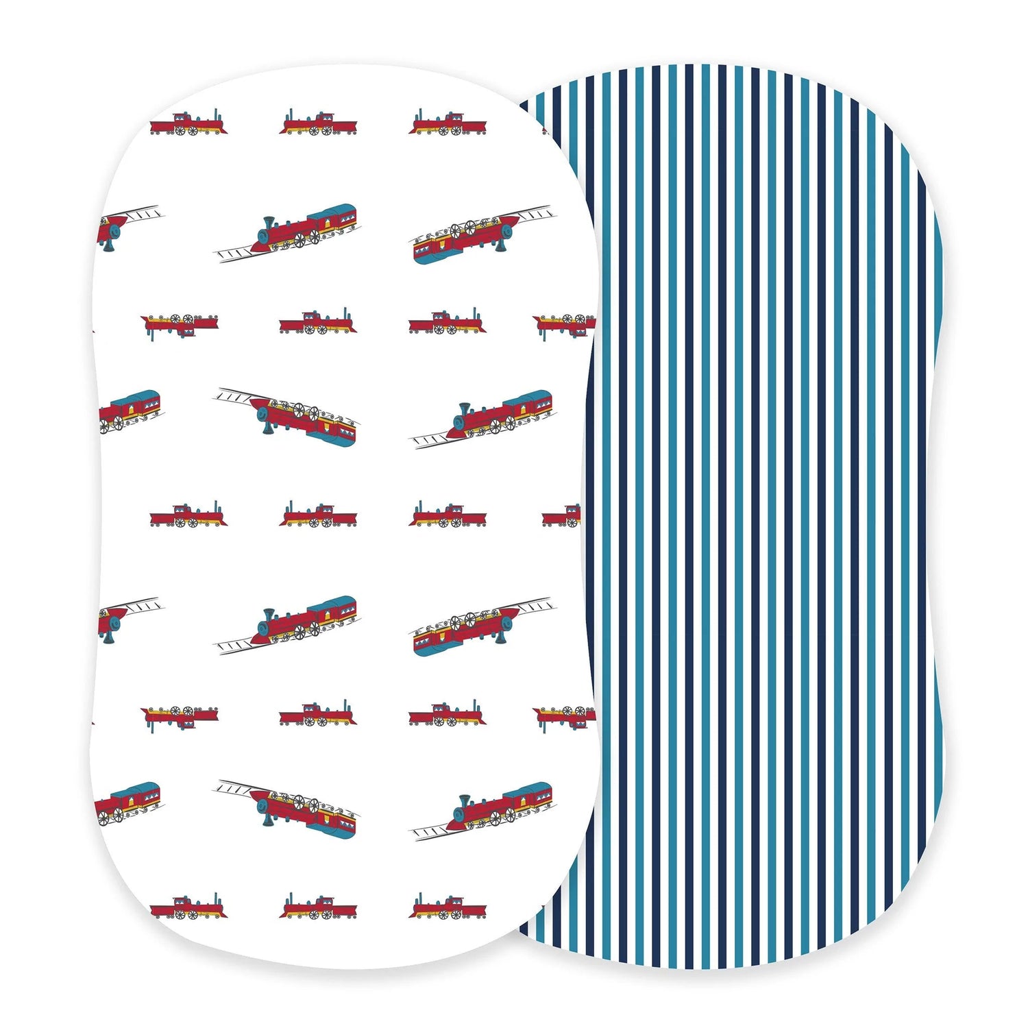 Vintage steam train and blue and white stripe bamboo changing pad for kids and babies by Lavender Charlie.