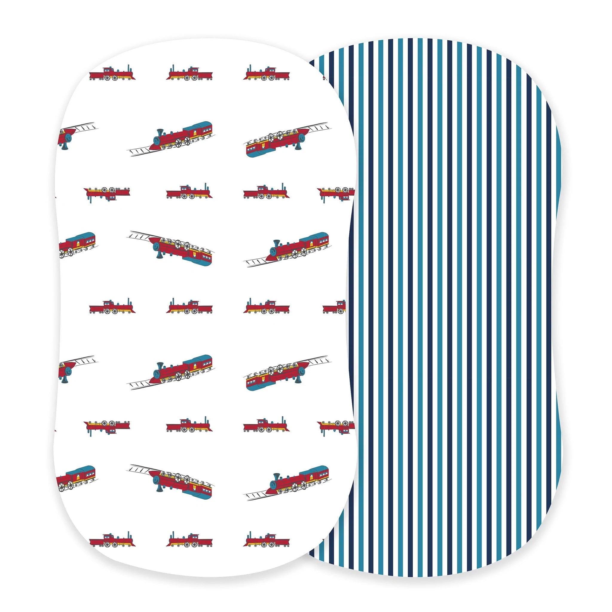 Vintage steam train and blue and white stripe bamboo changing pad for kids and babies by Lavender Charlie.