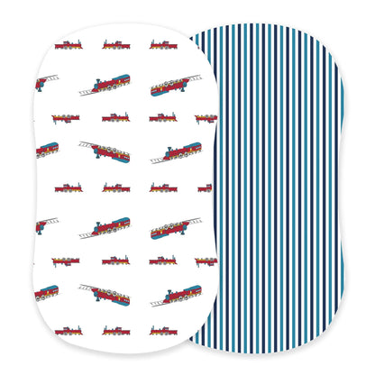 Vintage steam train and blue and white stripe bamboo changing pad for kids and babies by Lavender Charlie.