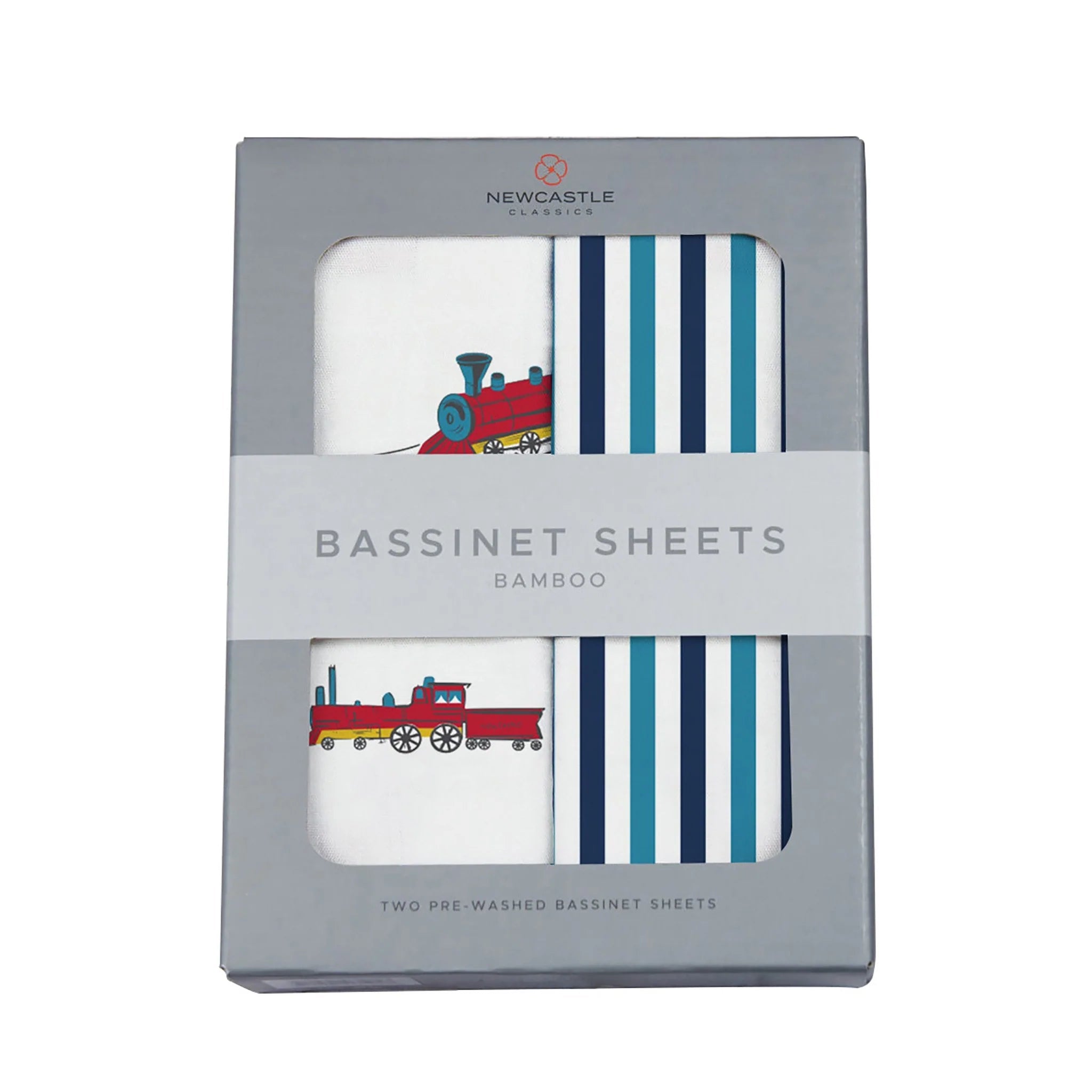 Vintage steam trains and blue and white stripe bamboo changing pad for kids and babies by Lavender Charlie.