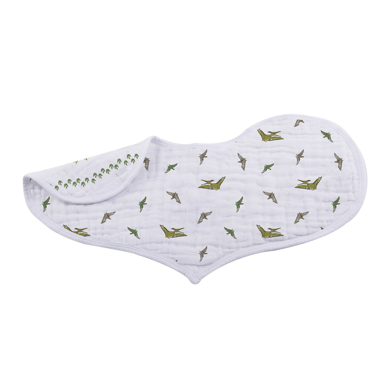 Lavender Charlie Dino Days cotton burp cloth and bib set for babies, featuring colorful dinosaur patterns on soft fabric.