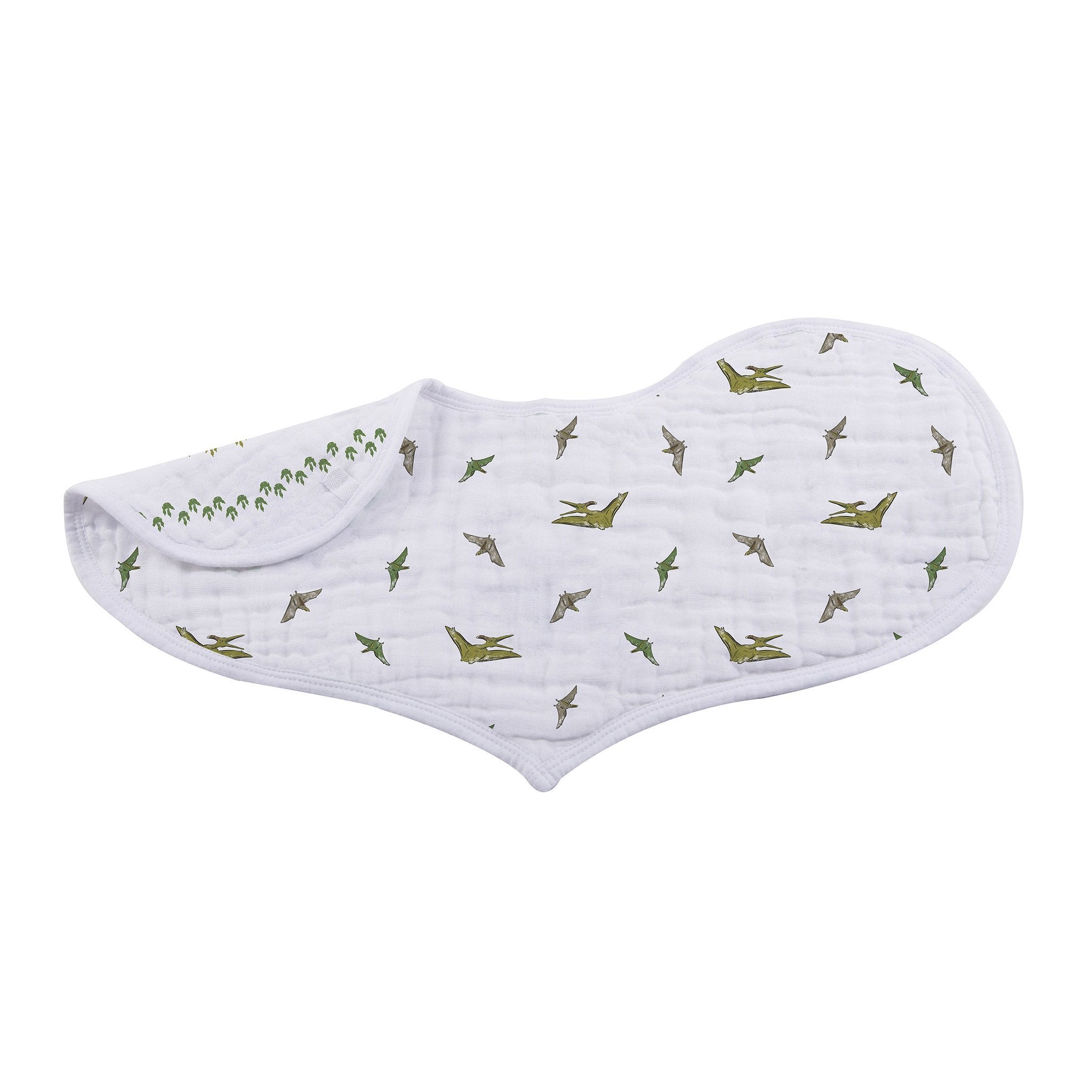 Lavender Charlie Dino Days cotton burp cloth and bib set for babies, featuring colorful dinosaur patterns on soft fabric.