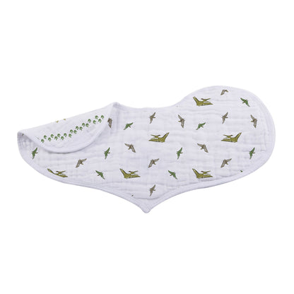 Lavender Charlie Dino Days cotton burp cloth and bib set for babies, featuring colorful dinosaur patterns on soft fabric.