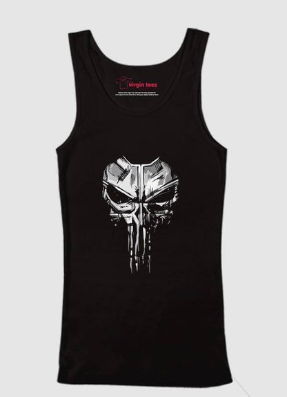 Scorpius skull tank top featuring a bold skull graphic on black fabric, sleeveless design, perfect for casual or streetwear style.