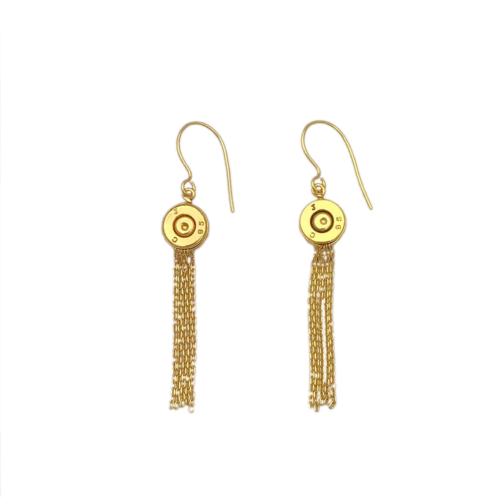 Ariel Bullet Tassel Earrings with slate and salt-colored bullet accents and tassel details, stylish jewelry accessory.