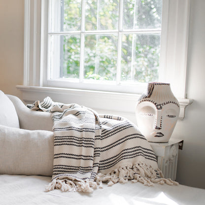 Ariel woven stripe Turkish throw blanket in slate and salt colors, showcasing its textured woven pattern for home decor.
