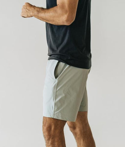 Sky Felix slate plain shorts, casual T-shirts with a simple, solid slate color fabric, shown hanging on a display.