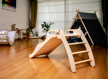 Red Oceanus foldable wooden slide for furniture, showcasing smooth wooden surface and compact design suitable for children&